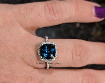 Cushion Cut Blue Gemstone Halo Ring, London Blue Topaz Wedding Ring, Sterling Silver, November Birthstone