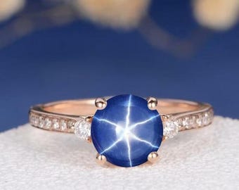 14k サファイア　指輪 6本の光線が輝くブルースターサファイアのシルバーリング、14Kローズ