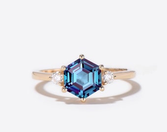 Vintage Hexagon Alexandrite Engagement Ring, Unique 14k Rose Gold Wedding Ring June Birthstone Anniversary Promise Ring Gift For Women