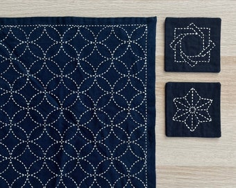 Mantel individual bordado de tela Sashiko, tapete para té, tapete de mesa, cosido a mano, azul índigo, costura japonesa, juego de posavasos hecho a mano