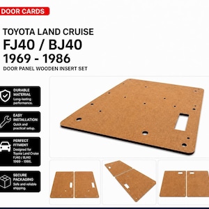Op de afbeelding: Een set bruine houten deurpaneelinzetstukken voor een Toyota Land Cruise FJ40 of BJ40, modeljaren 1969-1986. De panelen bevatten voorgesneden gaten en rechthoekige openingen, gepresenteerd met tekstlabels over duurzaam materiaal en pasvorm.