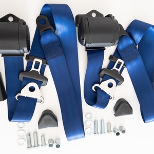 May include: Two blue seat belts with black buckles and retractors, along with hardware for installation. The hardware includes bolts, nuts, and washers.