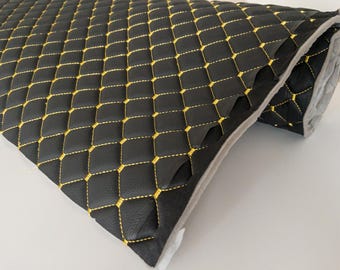 Faux Leather Fabric Foam Quilted BLACK AND YELLOW Car Seat Upholstery