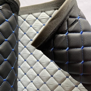 Faux Leather Fabric Foam Quilted BLACK AND BLUE Car Seat Upholstery