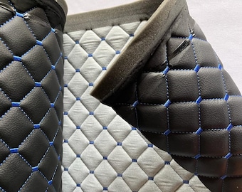 Faux Leather Fabric Foam Quilted BLACK AND BLUE Car Seat Upholstery