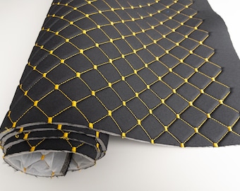 Black/yellow Diamond Stitch Embossed Fabric Lining Car Upholstery 165cmx100cm