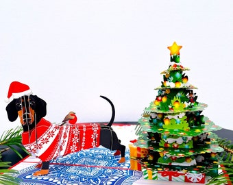 Weihnachten Dackel Hund 3D Pop Up Karte.Eine schöne und lustige Überraschungs Grußkarte für Kinder, Freunde, Familie und Partner 20cmx15cm