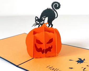 Halloween Pumpkin Black Cat Pop Up Card: Spooky 3D Gift (12cmx12cm)
