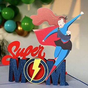 Supermama Pop-up 3D Karte. Muttertagskarte, Danke, Geburtstag, Denken an Sie Karte. Von Tochter oder Sohn zu Mutter, Oma. 15cmx15cm