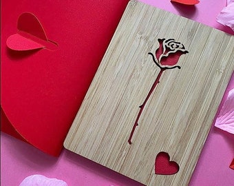 Carte d'amour romantique rose rouge, carte romantique en bois pour la Saint-Valentin, anniversaire, mariage, anniversaire, pour elle, lui