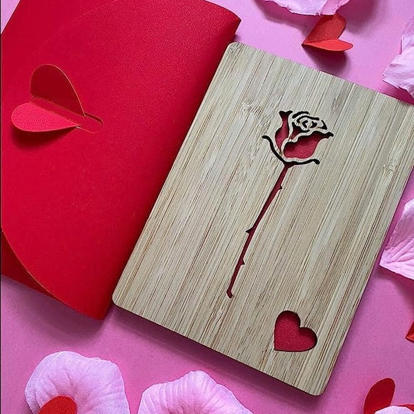 Romantic Red Rose Love Card, Wooden Romantic Card for Valentines Day,Anniversary, Wedding, Birthday, for Her, Him