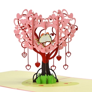 Carte pop-up 3D Love Birds in Heart Tree. Carte de voeux romantique pour la Saint-Valentin pour elle, petite amie, femme, lui, petit ami, mari. 15 cm x 15 cm