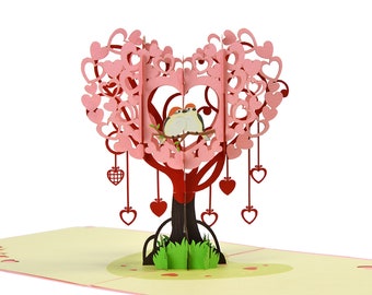 Biglietto pop-up 3D con uccellini nell'albero del cuore. Romantico biglietto di auguri di San Valentino per lei, fidanzata, moglie, lui, fidanzato, marito. 15x15 cm