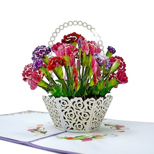 Carnation Flower Basket Pop Up 3D Card. Spring Collection. For Mum, Grandma,Friend, Daughter,Wife and Husband. 15cmx15cm