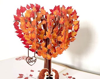 Egels in hartboom pop-up 3D-kaart. Romantische herfstverjaardagskaart voor haar, hem, vriendin, vriend, vrouw, echtgenoot 15 x 15 cm