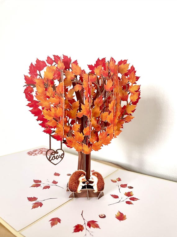 Hedgehogs in Heart Tree Pop Up 3D Card. Romantic autumn anniversary card for Her,Him,Girlfriend,Boyfriend, Wife, Husband 15cmx15cm