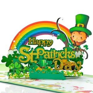 Biglietto pop-up 3D per San Patrizio. Occasione speciale, festa irlandese, buona fortuna, quadrifoglio, folletto. 15 cm x 15 cm