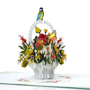 Blumenkorb-Vogel Pop Up 3D Card.Surprise Grußkarte für Her.Perfect für Muttertag, Geburtstag, Danke, 15cmx15cm