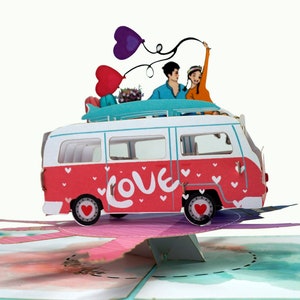Love Van couple travelling Pop Up 3D Card. Romantic valentines greeting card for Her,Girlfriend,Wife,Him,Boyfriend,Husband. 15cmx15cm