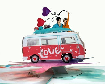 Love Van couple travelling Pop Up 3D Card. Romantic valentines greeting card for Her,Girlfriend,Wife,Him,Boyfriend,Husband. 15cmx15cm