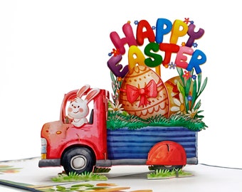 Carte pop-up 3D Happy Easter Bunny Truck. Une délicieuse carte de voeux de Pâques surprise pour les enfants, les enfants, la famille et les amis. 15 cm x 15 cm