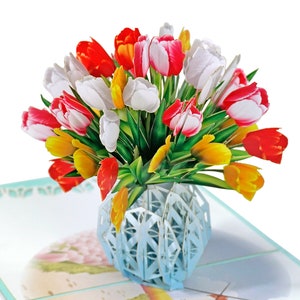 Pop Up Korb mit Tulpenmotiv 3D Karte. Frühlingskollektion. Für Mutter, Oma, Freundin, Tochter, Frau und Mann. 15cmx15cm