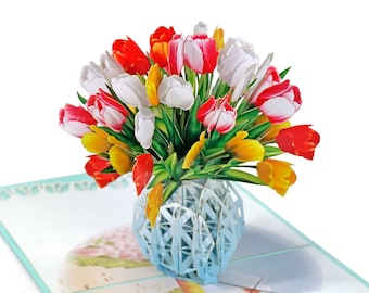 Tulip Basket Pop Up 3D Card. Spring Collection. For Mum, Grandma,Friend, Daughter,Wife and Husband. 15cmx15cm