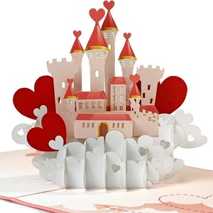 Tarjeta 3D desplegable con el castillo de amor de la princesa. Para ella, novia, hija, hermana, nieta. Día de San Valentín, aniversario, boda, cumpleaños. 15 cm x 15 cm
