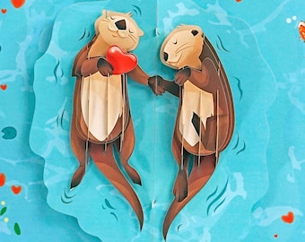 Süßes Otter Paar Händchen haltend 3D Pop Up Karte.Für Sie,Freundin, Frau,Ihn,Freund,Ehemann. Perfekt für Valentinstag, Geburtstag.