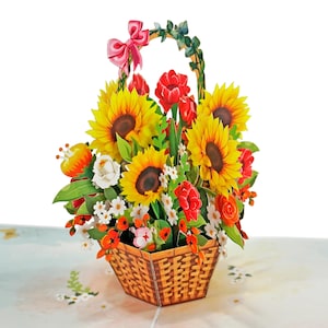 Carte 3D pop-up panier tournesol. Collection printemps. Pour maman, grand-mère, amie, fille, femme et mari. 15 cm x 15 cm