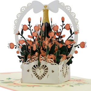 Biglietto d'auguri pop-up 3D con cesto di vino rosato romantico. Regalo per figlia, mamma, amica, nipote, moglie, sorella, nonna. 15 cm x 15 cm.