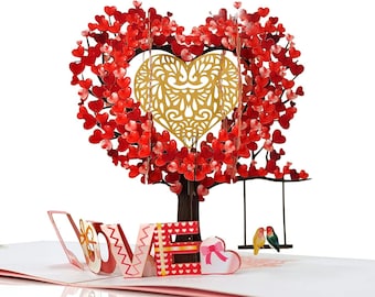 Carte pop-up 3D Oiseaux d'amour dans l'arbre de l'amour. Carte de voeux romantique pour la Saint-Valentin pour elle, petite amie, femme, lui, petit ami, mari. 15 cm x 15 cm