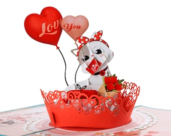 Carte pop-up 3D Love Cat. Carte de voeux romantique pour la Saint-Valentin pour elle, petite amie, femme, lui, petit ami, mari. 15 cm x 15 cm
