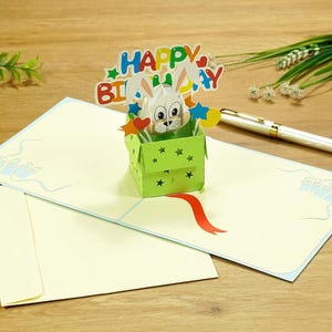 Happy Birthday Bunny Rabbit Surprise Gift Pop Up 3D card. A Delightful surprise birthday greeting card gift for Kids, Friends and Family