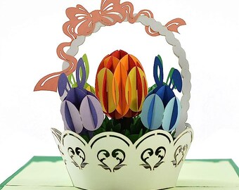 Carte 3D pop-up panier lapin de Pâques joyeux. Une délicieuse carte de voeux de Pâques surprise pour les enfants, les enfants, la famille et les amis. 15 cm x 15 cm