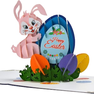 Cartão pop-up 3D de coelho da Páscoa feliz. Celebração da Páscoa, um cartão surpresa delicioso para crianças, crianças, família e amigos. 15cmx15cm