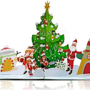 Tarjeta emergente 3D de Navidad familiar de Papá Noel. Una encantadora tarjeta de felicitación navideña como regalo para niños, amigos, familiares y seres queridos. 15 cm x 20 cm