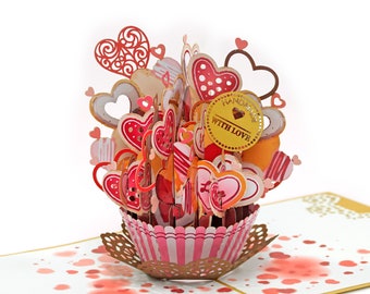 Carte 3D pop-up Cupcake coeur d'amour. Carte de voeux romantique pour elle, petite amie, femme, lui, petit ami, mari. 15 cm x 15 cm