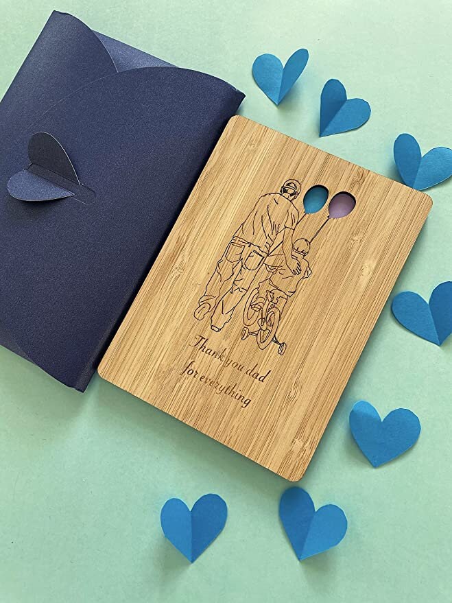 Bambus-Holzkarte Für Vatertag – Handgefertigt Mit Gravur „Thank You Dad For Everything“, Inkl. Umschlag