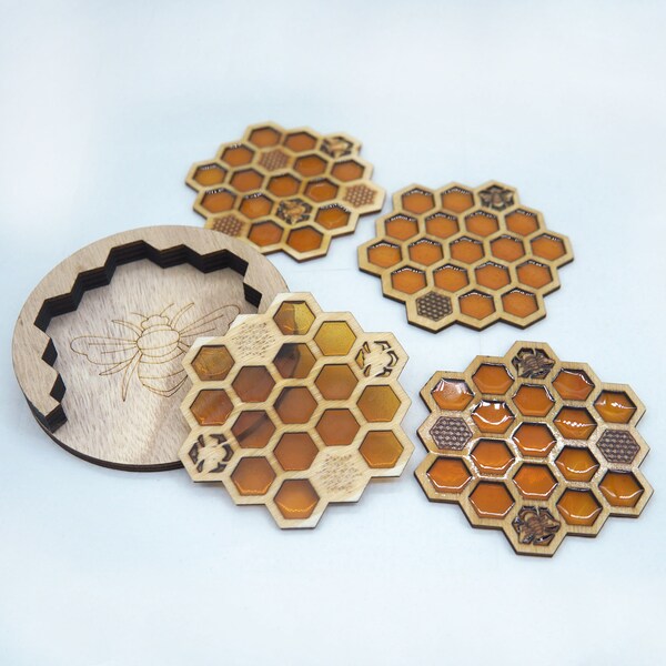 Wooden Bee Honeycomb Coasters - Resin Coasters Bowl Pad - Mother's Day Gift, Father's Day Gift, Christmas Gift - Set of 4 with Holder