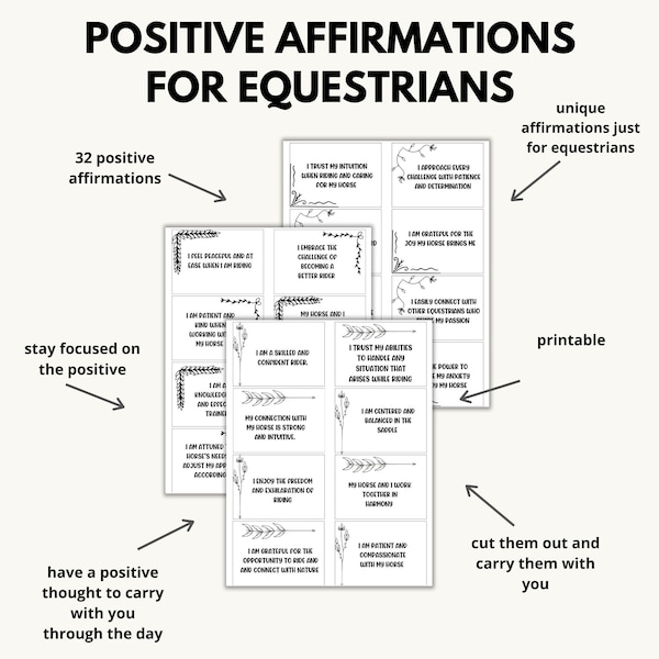 Positive Affirmations for Equestrians, Daily affirmations for horse lovers, Printable Affirmation cards, Inspirational affirmation cards