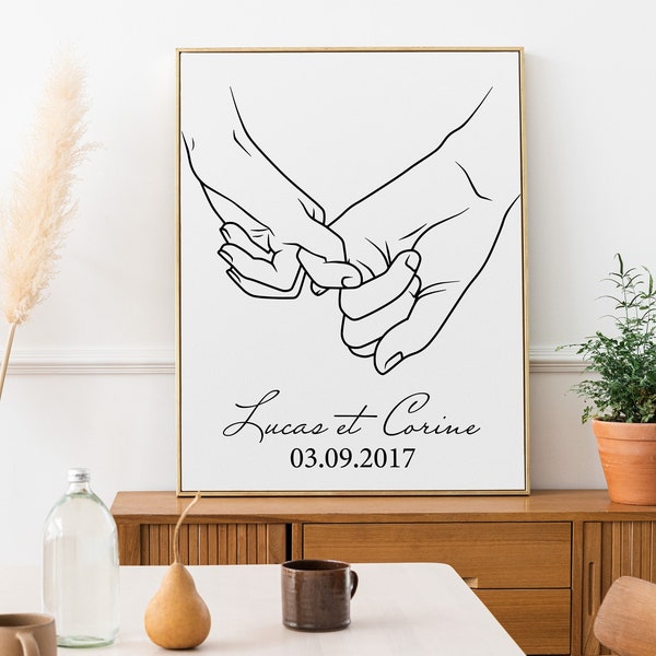 Affiche personnalisée de couple se tenant les mains avec date et prénom. Cadeau personnalisé pour mariage