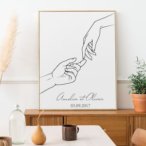 Arte de línea de pareja. Dibujo minimalista de manos con nombres y fecha. Mural. Decoración de interiores.