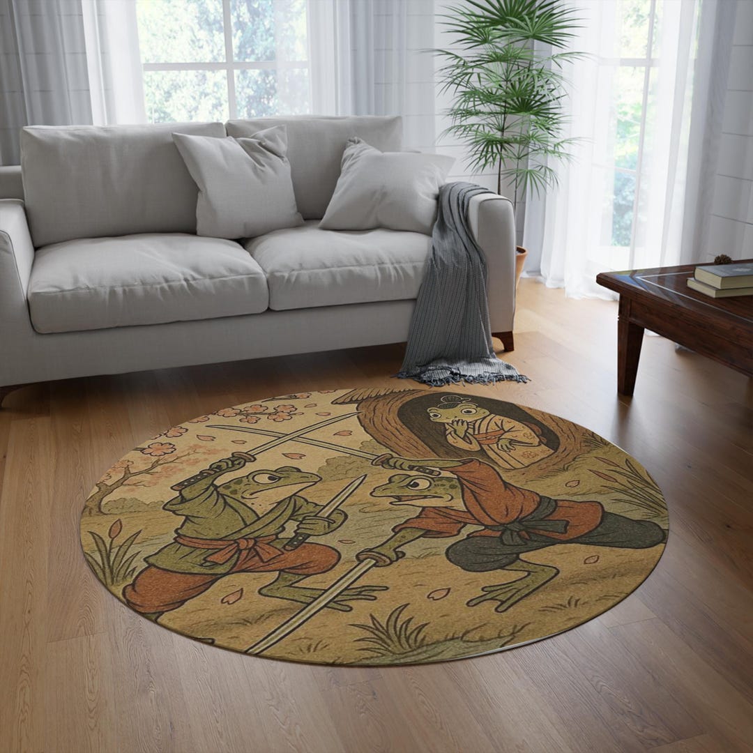 Vfw Rugs Samurai Frog Duel Round Rug | Japanese Woodland Illustration - Etsy