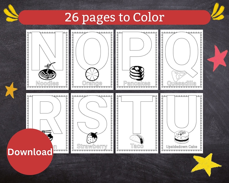 Food Alphabet Coloring Page Alphabet Worksheets Coloring Etsy