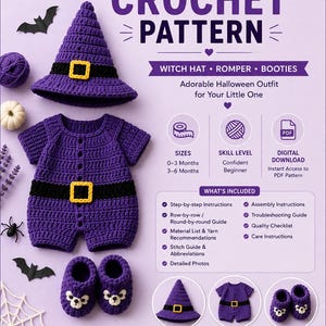 Peut inclure: Un modèle de crochet numérique pour une tenue de bébé Little Witch, comprenant un chapeau, une barboteuse et des chaussons violets avec des détails noirs et jaunes. Le document contient du texte, des icônes et des photos pour les tailles 0-3 et 3-6 mois.