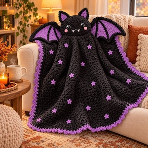 Pode incluir: Uma manta de crochê preta com uma cabeça de morcego, orelhas internas roxas, presas brancas e bochechas rosas. A manta tem grandes asas com bordas roxas e é decorada com pequenas estrelas roxas em toda a superfície e uma borda festonada.