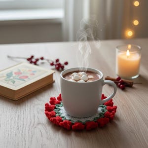 Peut inclure: Une tasse blanche de chocolat chaud fumant, garnie de guimauves, posée sur un dessous de verre en crochet rouge, blanc et vert. Une bougie allumée, un livre et des baies complètent la scène.