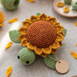 Peut inclure: Une tortue en crochet avec une tête et des nageoires vert clair, dont la carapace ressemble à un tournesol avec un centre marron et des pétales jaunes. Une petite étiquette ronde en bois vierge est attachée à l'une des nageoires.