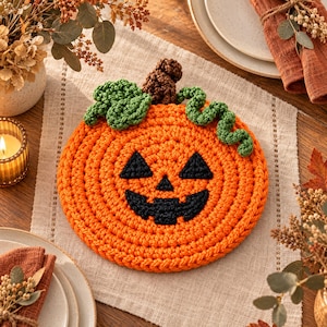 Peut inclure: Un dessous de plat rond en crochet orange représentant une citrouille avec un visage de jack-o'-lantern noir aux yeux triangulaires et à la bouche dentelée. Il possède une tige marron, des feuilles vertes et une vrille en crochet.